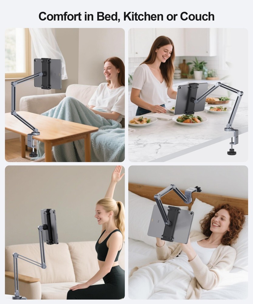 YICOSUN Tablet Arm Mount with Super Grip, Adjustable Foldable Holder & Gray
