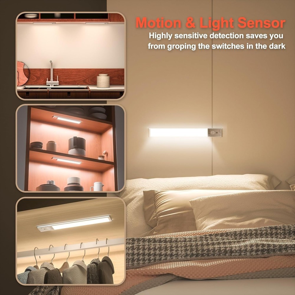 4-Pack LED Under Cabinet Lights Rechargeable Motion Sensor 3 Color Dimmable