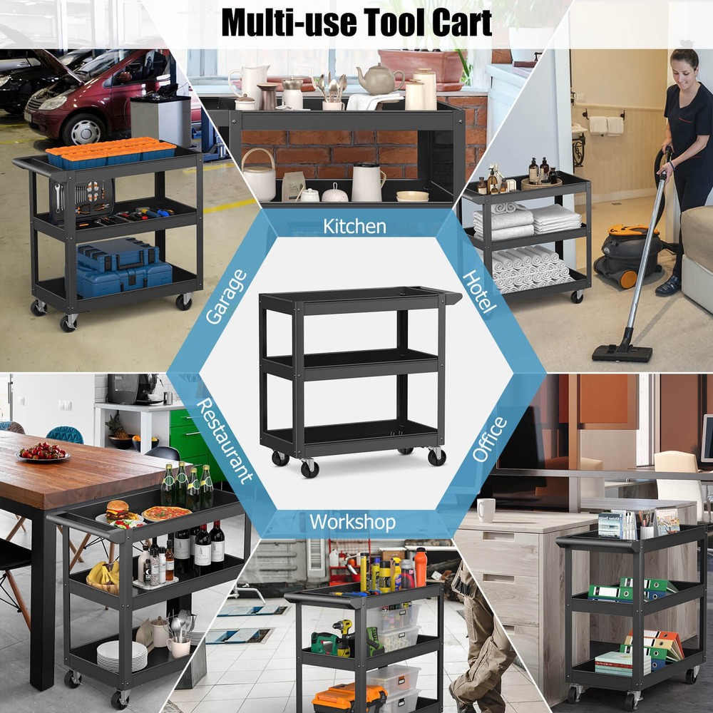 3-Layer Rolling Service Utility Cart with Flat Handle 2 Lockable Universal Wheel