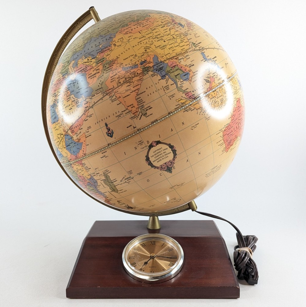 Replogle Illuminated Globe Vintage Wood Base Clock Lighted Rare EUC