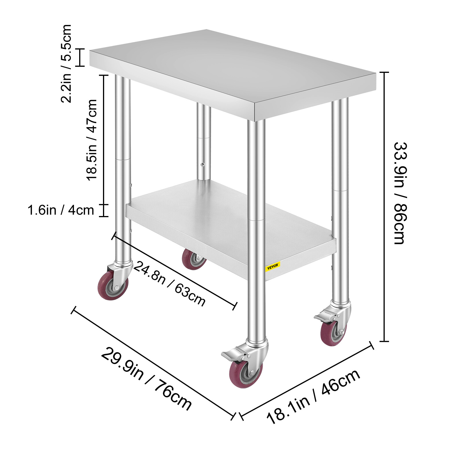 18"X30" Stainless Steel Work Prep Table w/ Wheel& Undershelf Commercial Table