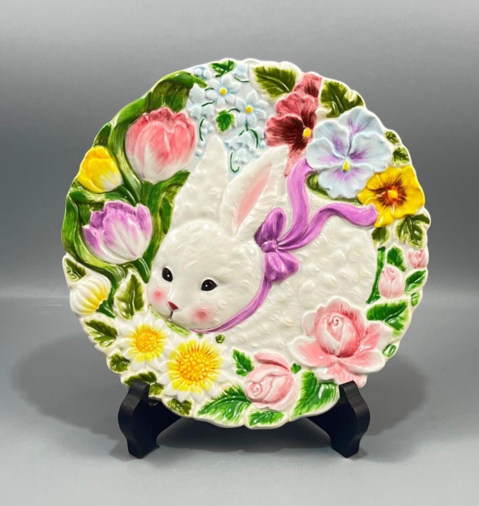 Ceramic Embossed Bunny Rabbit Flowers Spring Easter Decorative Plate 8.75"