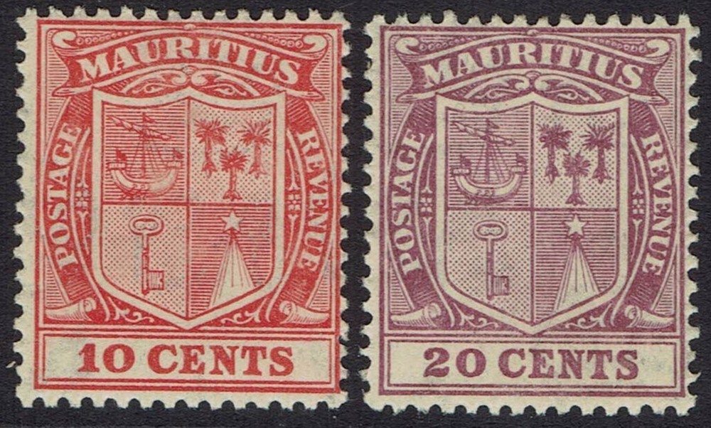 MAURITIUS 1921 ARMS 10C AND 20C WMK MULTI SCRIPT CA