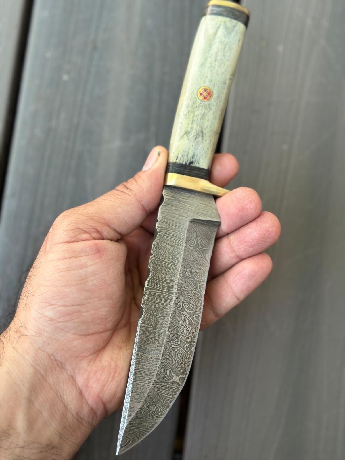 10” Bowie Knife Forged Damascus Fixed Blade Hunting Tactical Camel Bone Handle