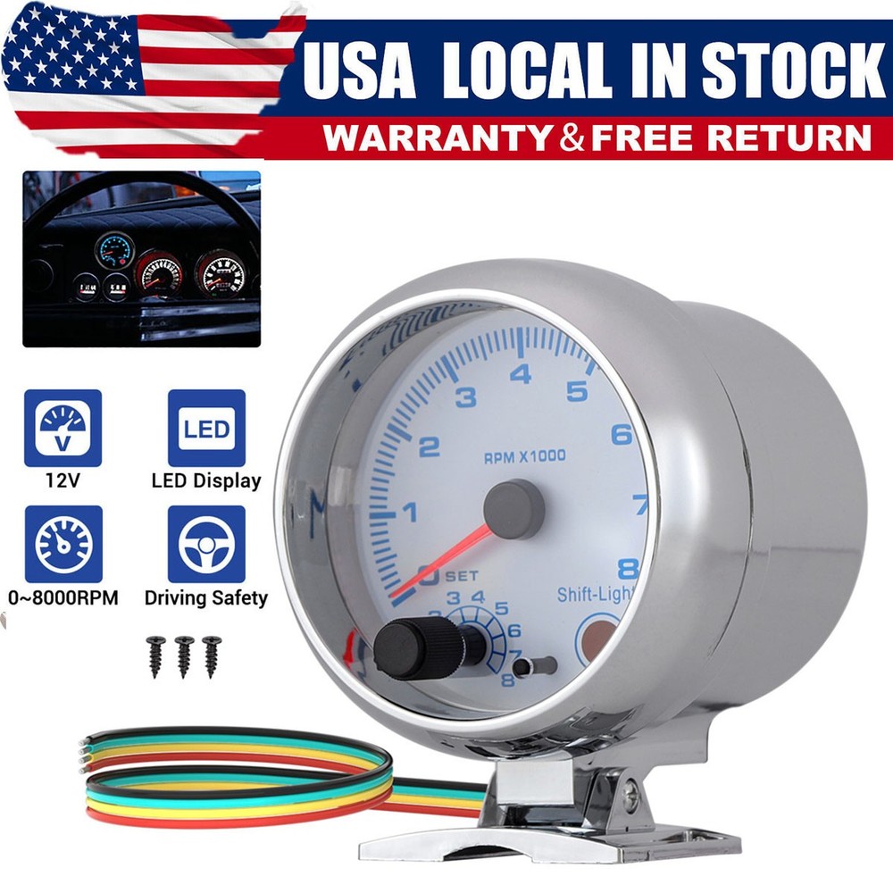 3.75'' 12V Car Tachometer Gauge Meter LED Inter Shift Light 0-8000 RPM Universal