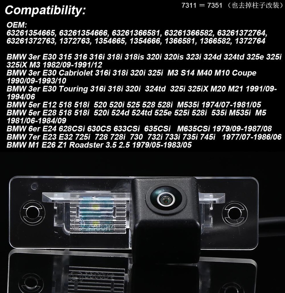 Car reverse Camera for BMW 3er E30 5er E12 E28 6er E24 7er E23 E26 63261354665