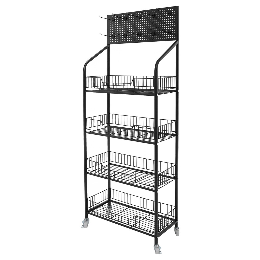 Rolling Retail Display Rack 4 Tier Black Store Merchandise Shelf Unit