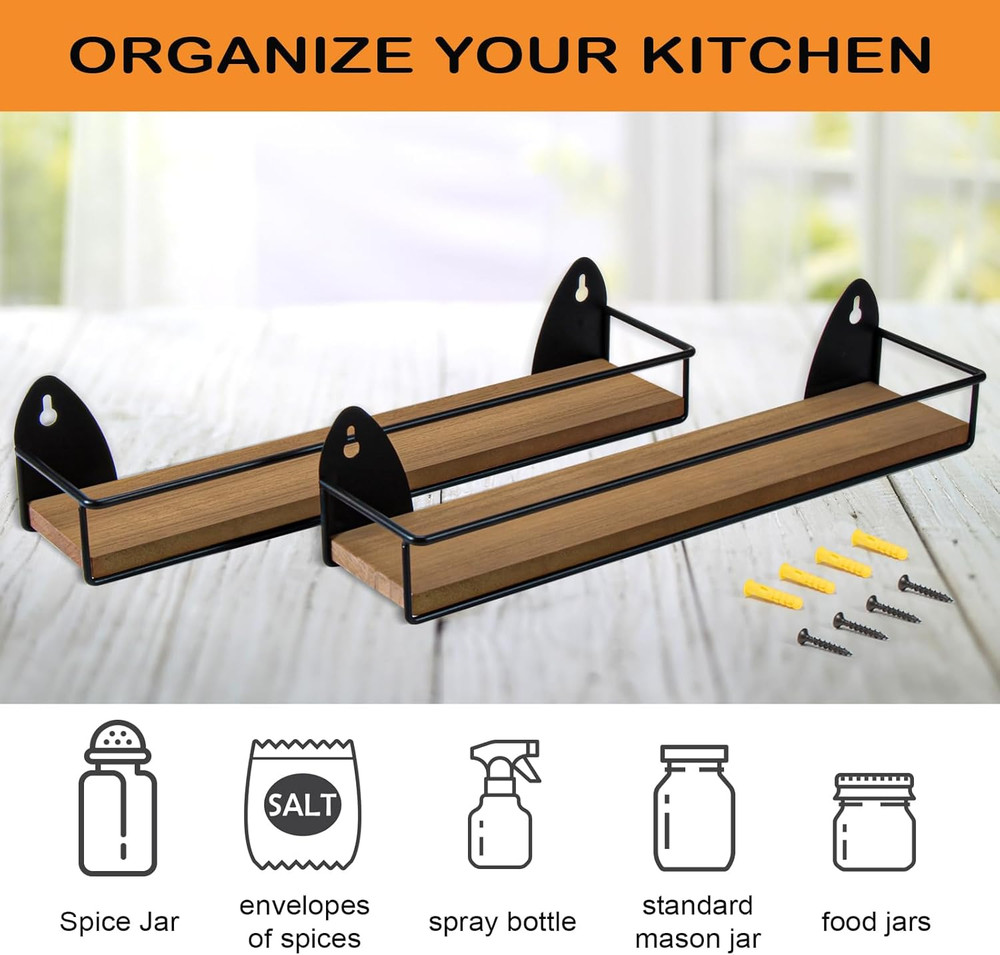 2 Pack Spice Rack Wall Mount Rustic Style Hanging Spice Organizer for Wall, Kitc
