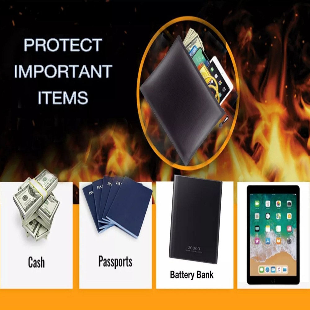 Black Fireproof Waterproof Document Bags Envelope File Folder Cash Pouch
