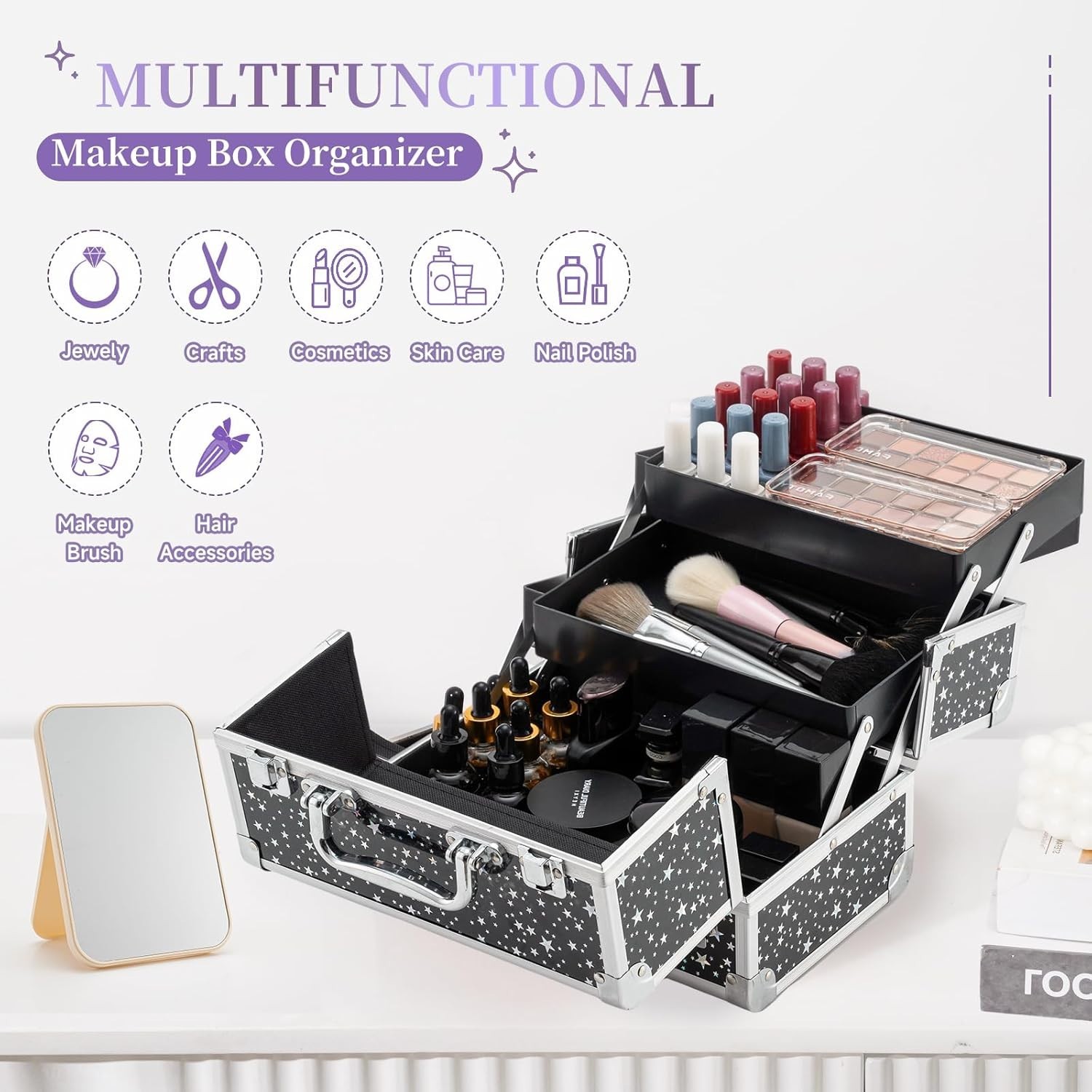 Portable Makeup Supply Train Case Cosmetic Organizer 2-Tier Storage Kit Travel