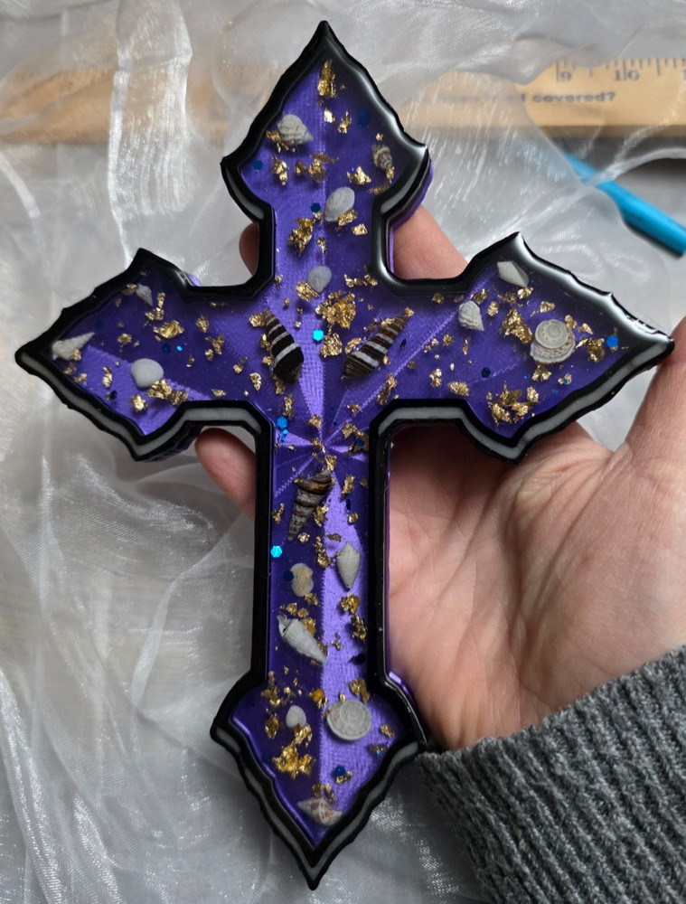 Handmade Cross Wall Decor 9x6+ GITD Goldflake & Seashells Authentic Gift W/Drape