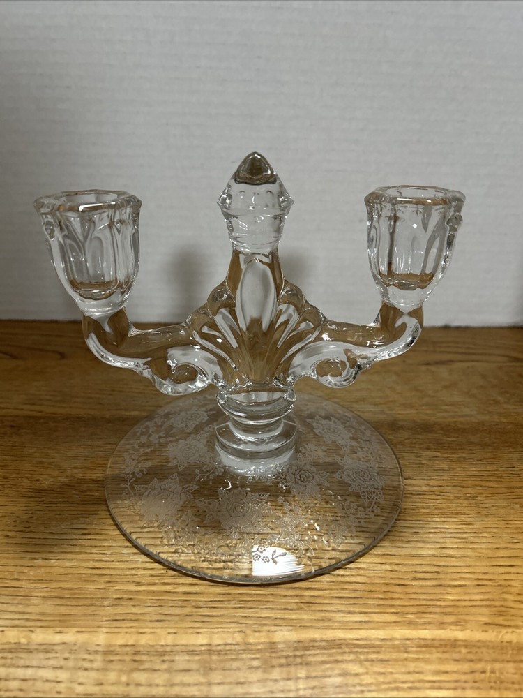 Depression Glass Dual Candelabra With Etched Roses On Base