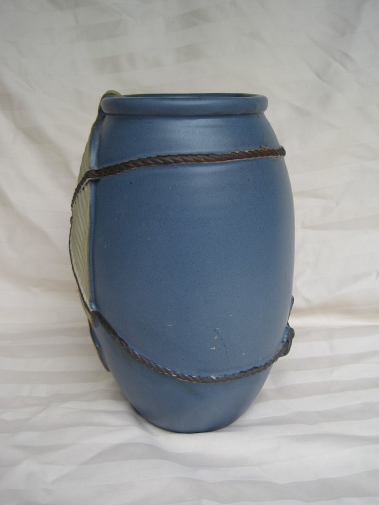 Blue Ceramic Vase with Palm Leaf and Rope