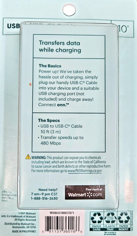 Onn. 10ft USB to USB-C Cable, Black, Compatible with USB-C Devices