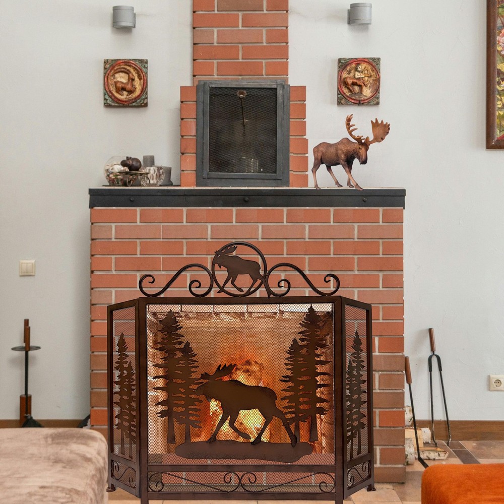 3-Panel Fireplace Screen with Moose in the Forest Design