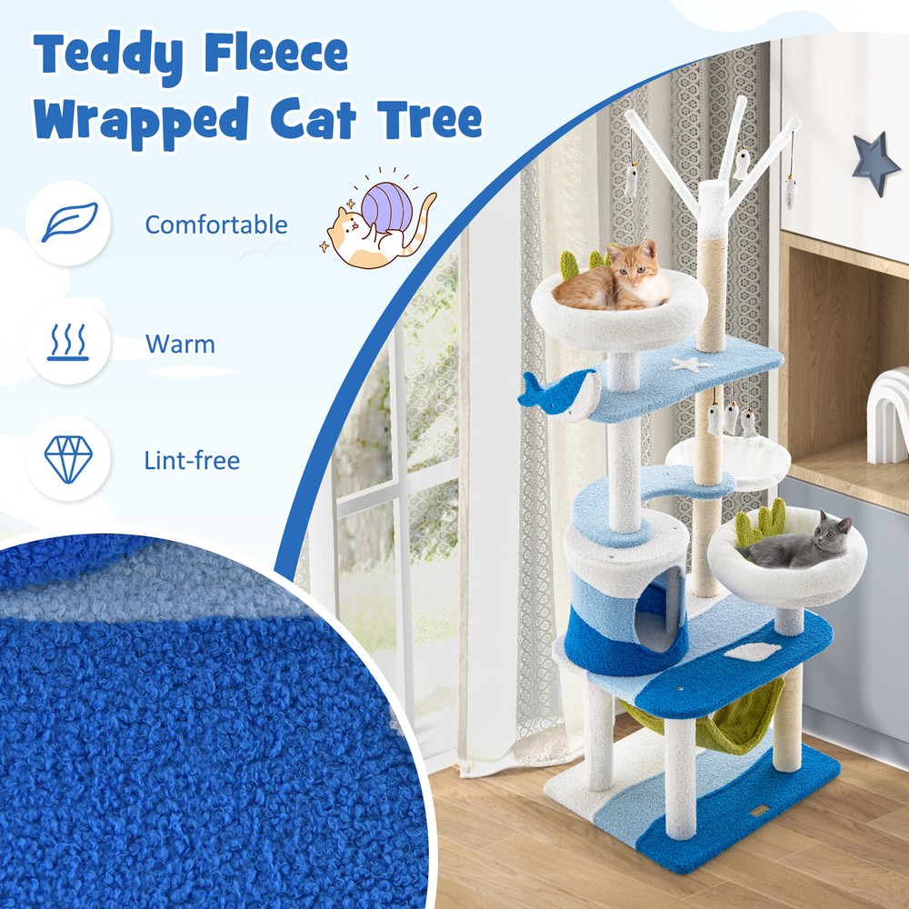 Ocean-themed Cat Tree Multi-level w/Sisal Scratching Posts Dangling Toys Hammock