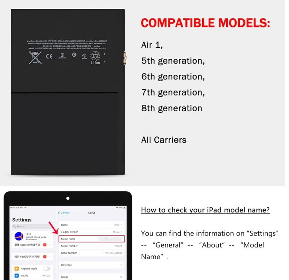 For iPad 7th 8th 9th Gen Battery 8827mAh A1484