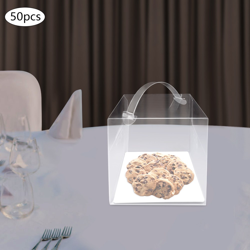 50 Pcs Clear Cake Boxes, Square Clear Cake Boxes, Cake Carrier with Handle