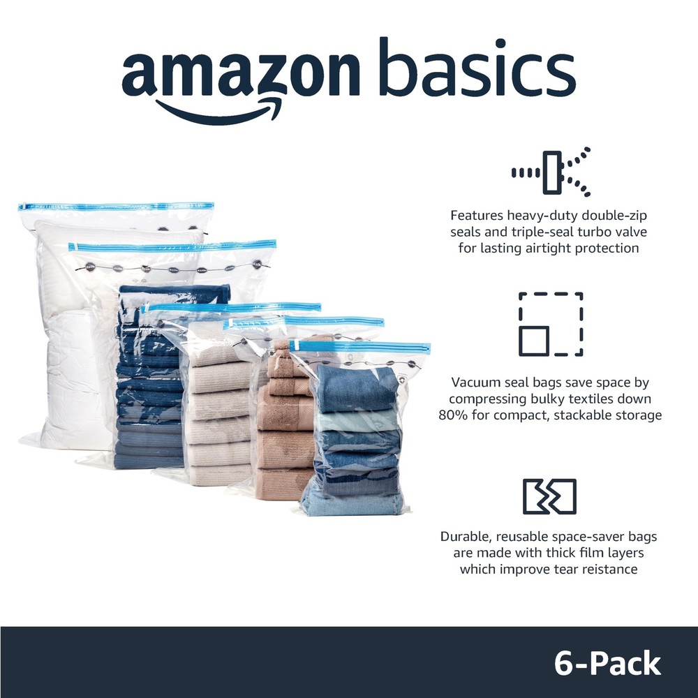 Amazon Basics Multiple Vacuum Compression Zipper Storage Bags for Space Saving a