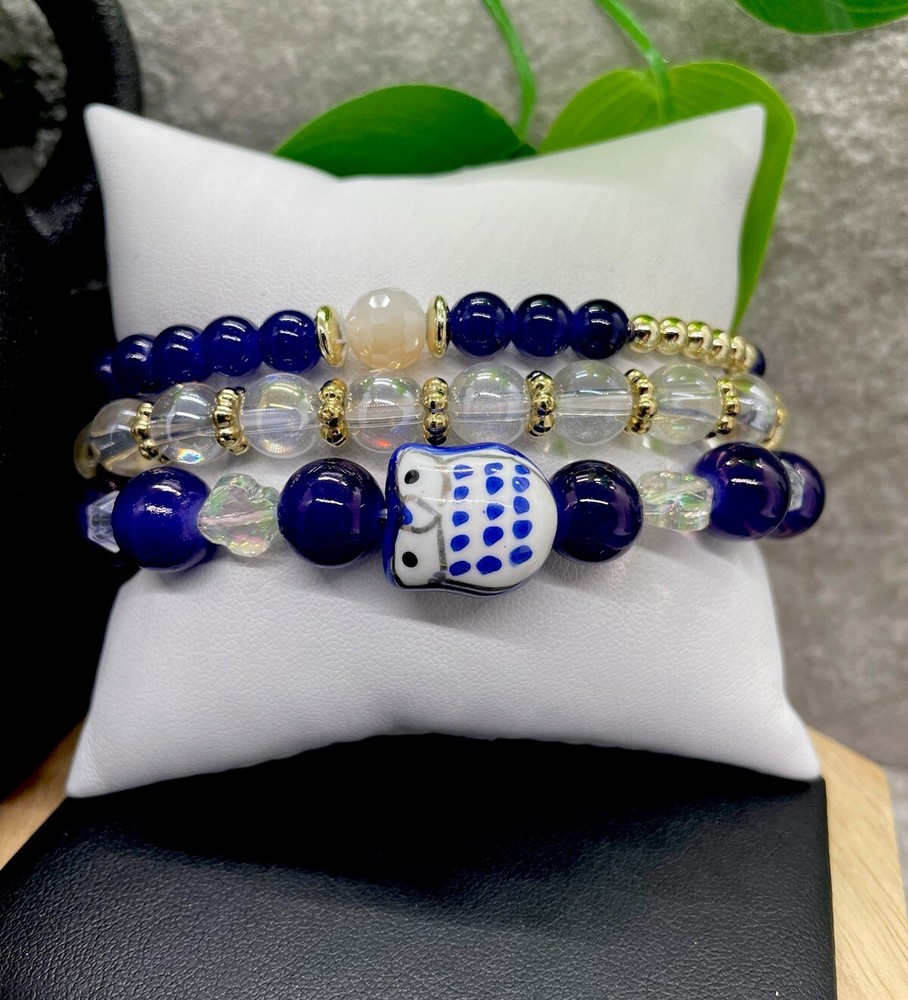 3 PC Handmade Boho  Beaded Stackable 6.5” Plus Stretch Bracelet Set New B1320