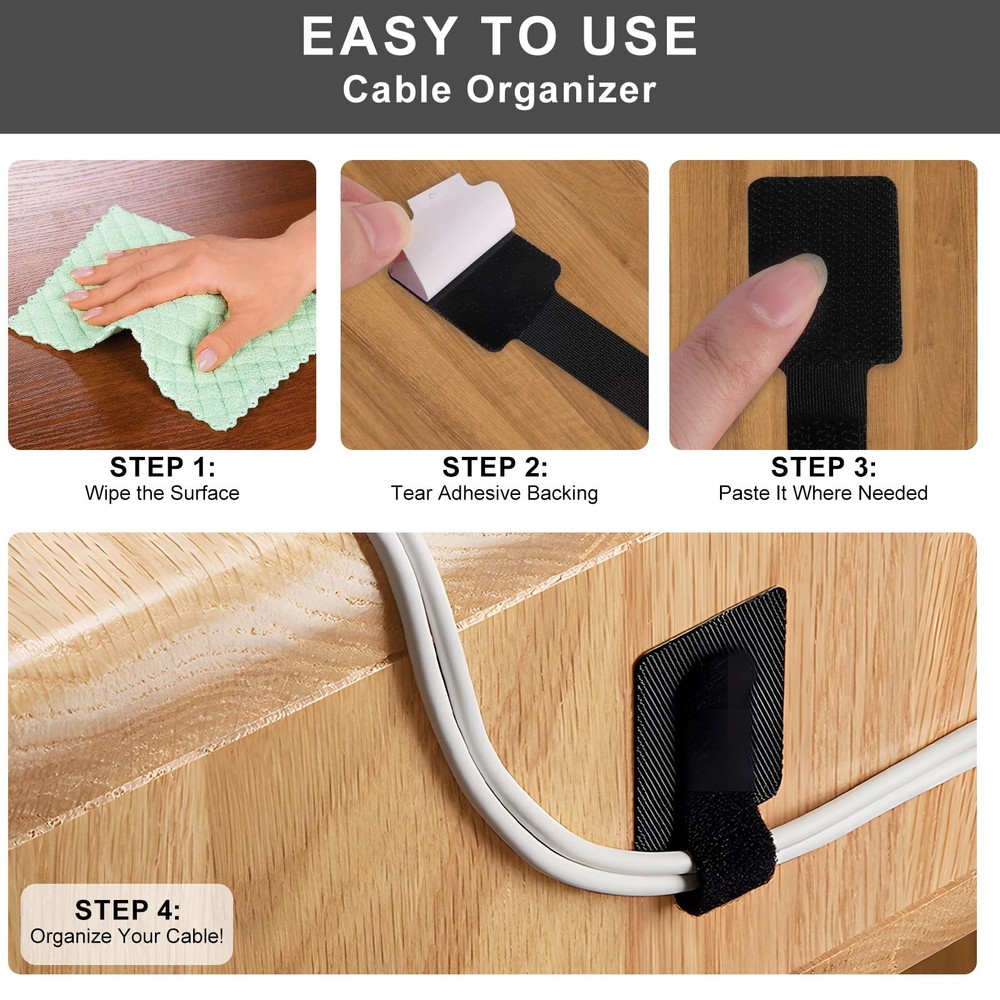 20-Pack Large Reusable -Adhesive Cable Ties cable management Adjustable Hook ...