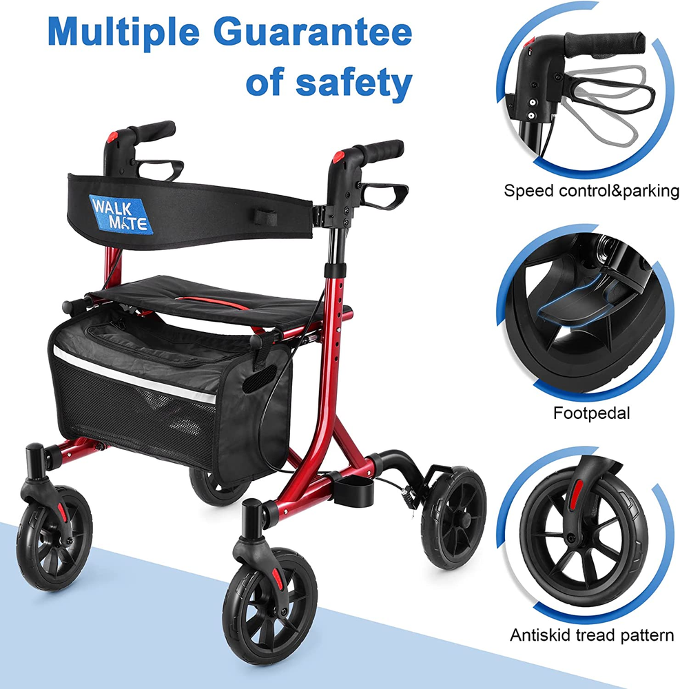 Senior Walker Lightweight Rollator Walker With Seat Back Support & Storage Bag