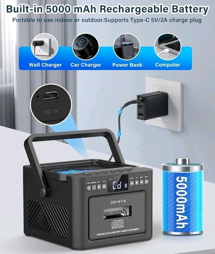 Portable Compact Disc Player & Cassette Recorder Model CD-W16 Bluetooth