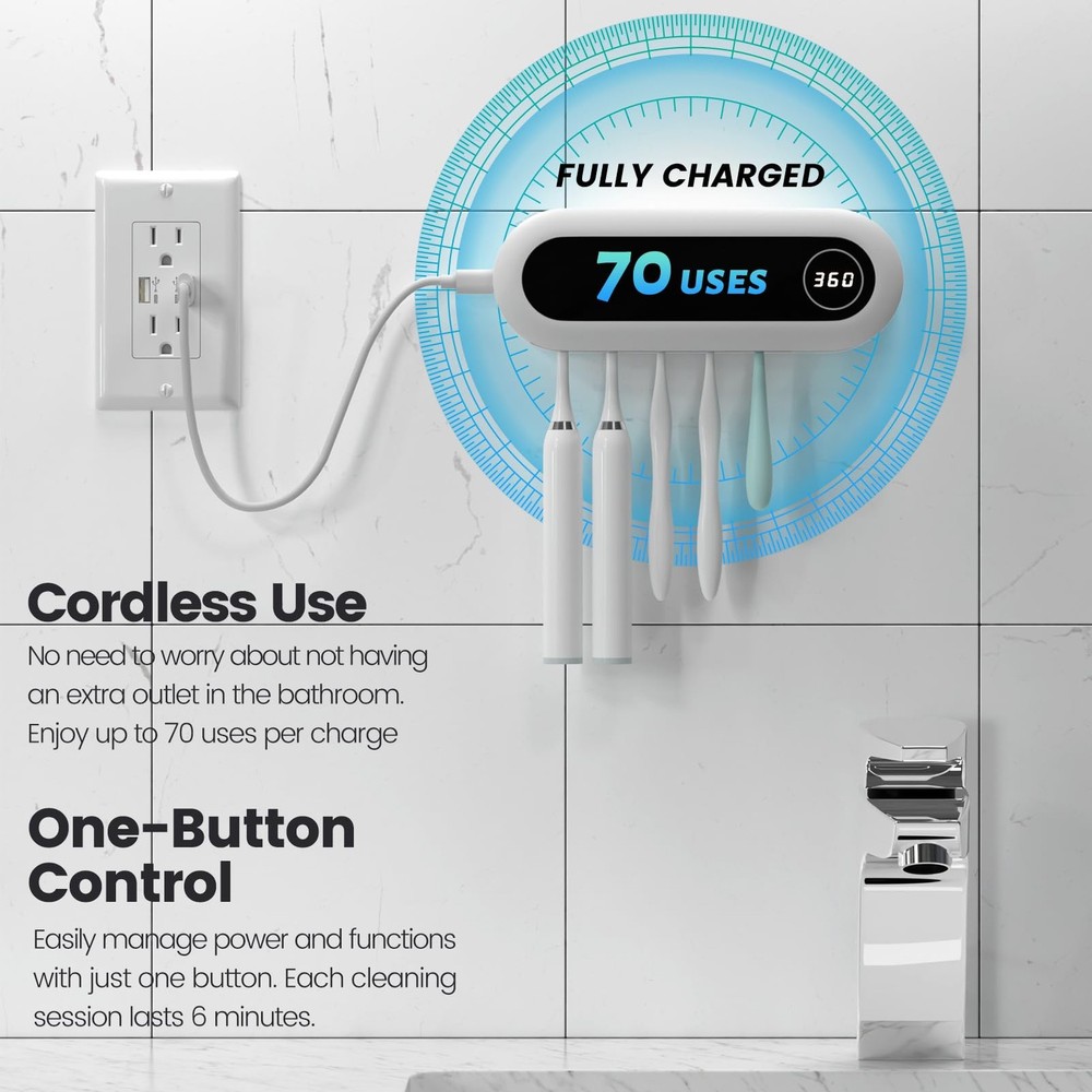 Toothbrush Holder, 5 Toothbrush Slots & Timer Function, Cordless Wall Mounted