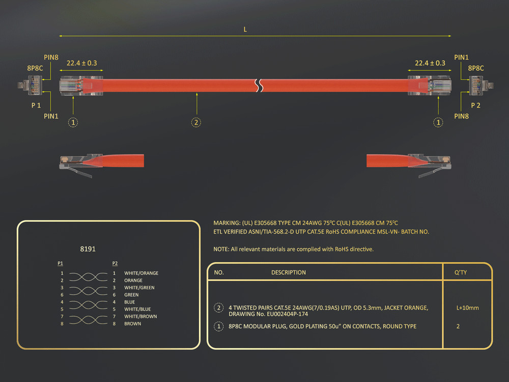 3ft Cat5e UTP Non-Booted Ethernet Network Patch Cable 24AWG Bare Copper, Orange