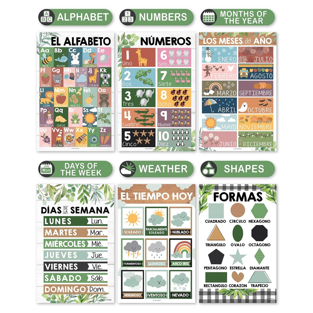 Hadley Designs 12 Spanish Classroom Posters - Laminated 11x17" Educational Chart