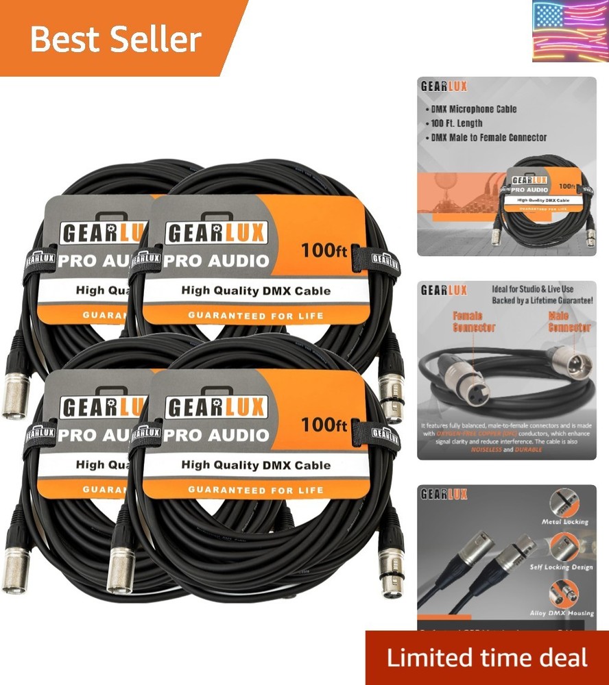 4 Pack DMX Cable 100 Ft with  - Perfect for Musicians & Techs