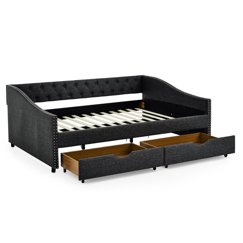 Full Size Daybed with Drawers Upholstered Tufted Sofa Bed, with Button on Back