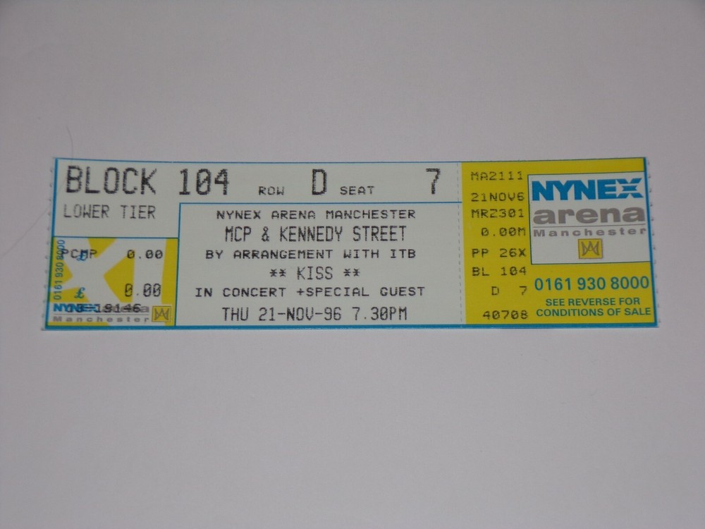 KISS Full Ticket Stub 1996 Alive Reunion Concert Tour UK Manchester Vintage Kiss