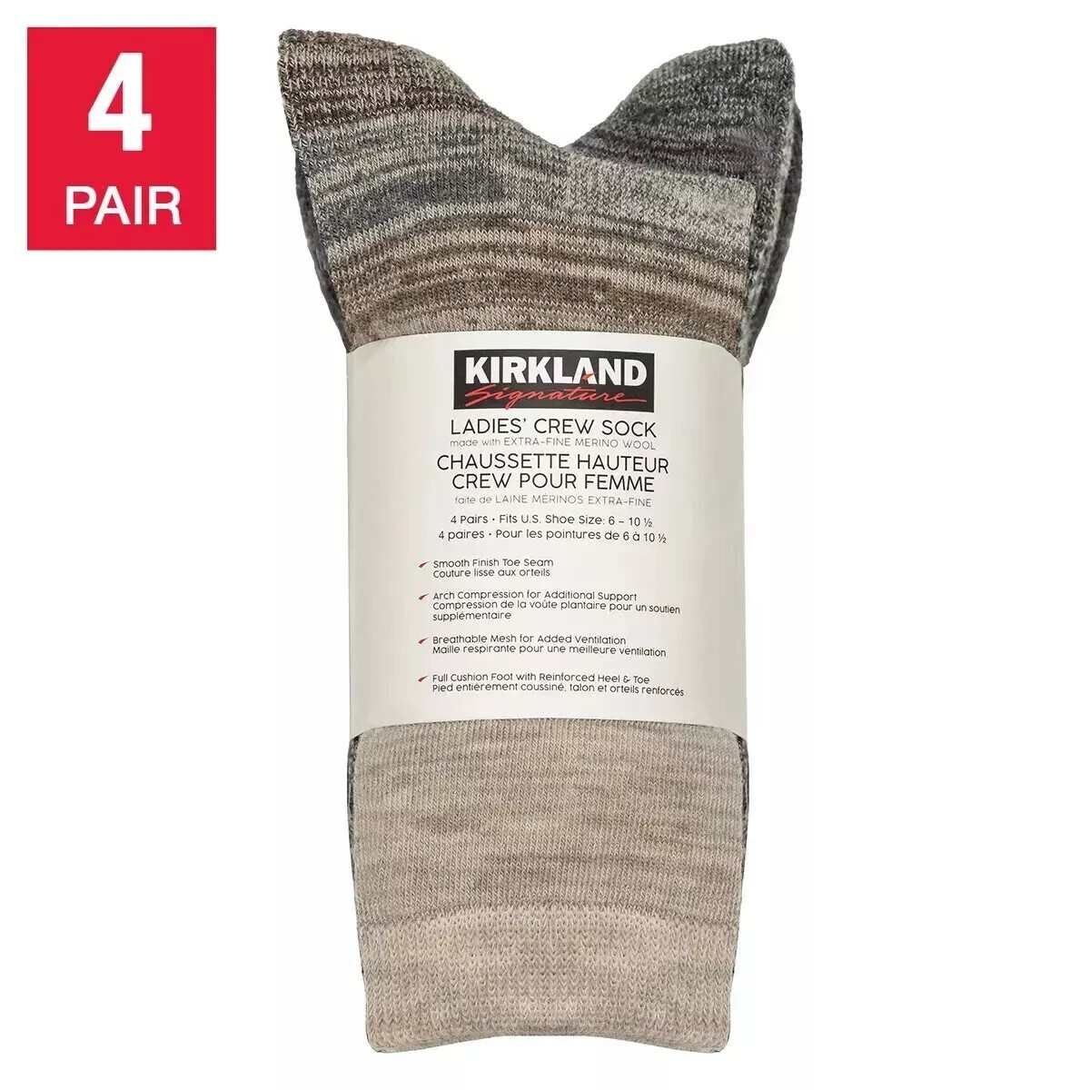 Kirkland Signature Ladies Merino Wool blend crew sock size 6-10 1/2 4 pair - NWT