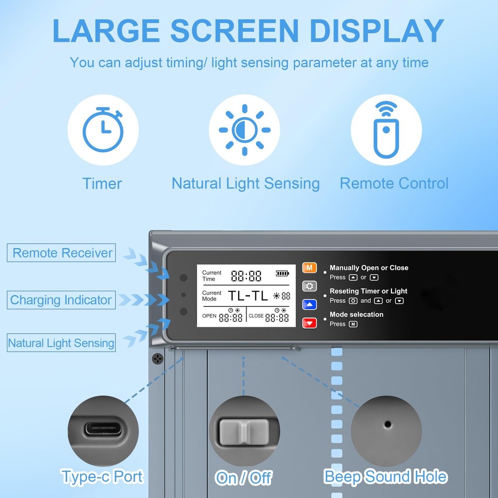 Automatic Chicken Coop Door Solar Powered, LCD Display Automatic Chicken Door...