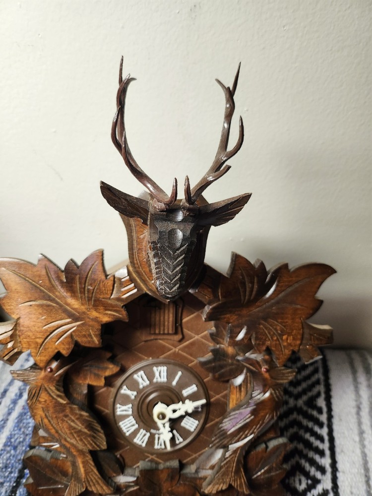 Vintage German Black Forest Cuckoo Clock Stag & Leaves , Missing Door Untested