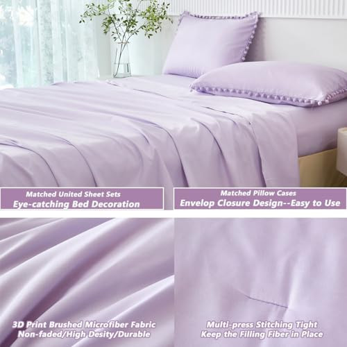 5 Pieces Lavender Purple Comforter Set Twin Aesthetic Boho Solid Bed