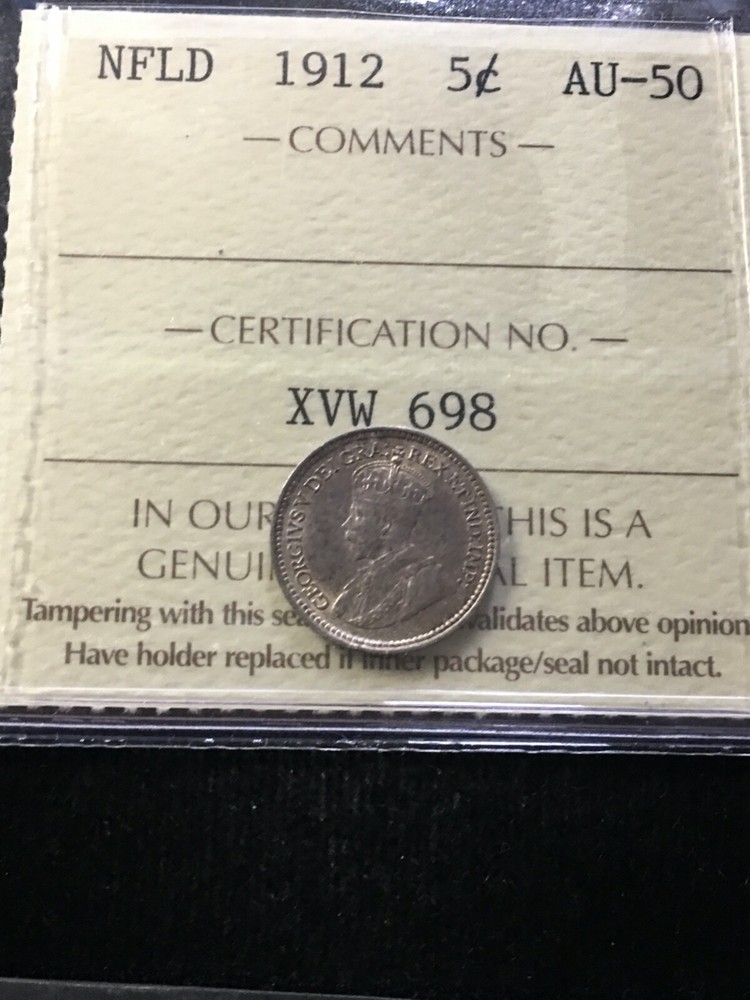 1912 ICCS Graded Newfoundland, ¢5 Cent, **AU-55**