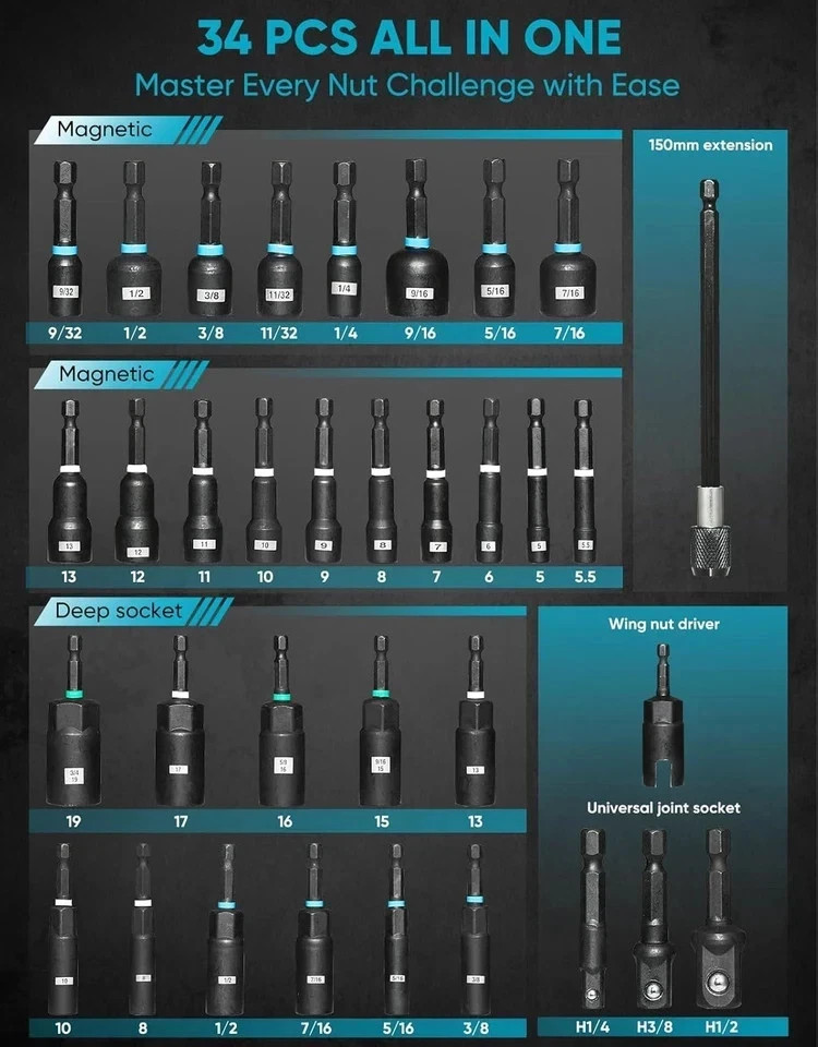 Magnetic Impact Nut Driver Set, Socket Set with Deep Driver Bit, Metric/Sae Sock