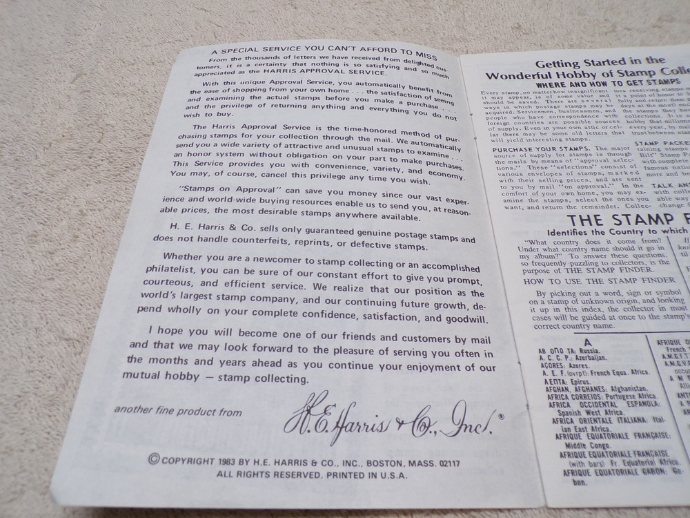 1983 HARRIS STAMP FINDER BOOKLET H.E. HARRIS & CO. STAMP COLLECTING INFORMATION