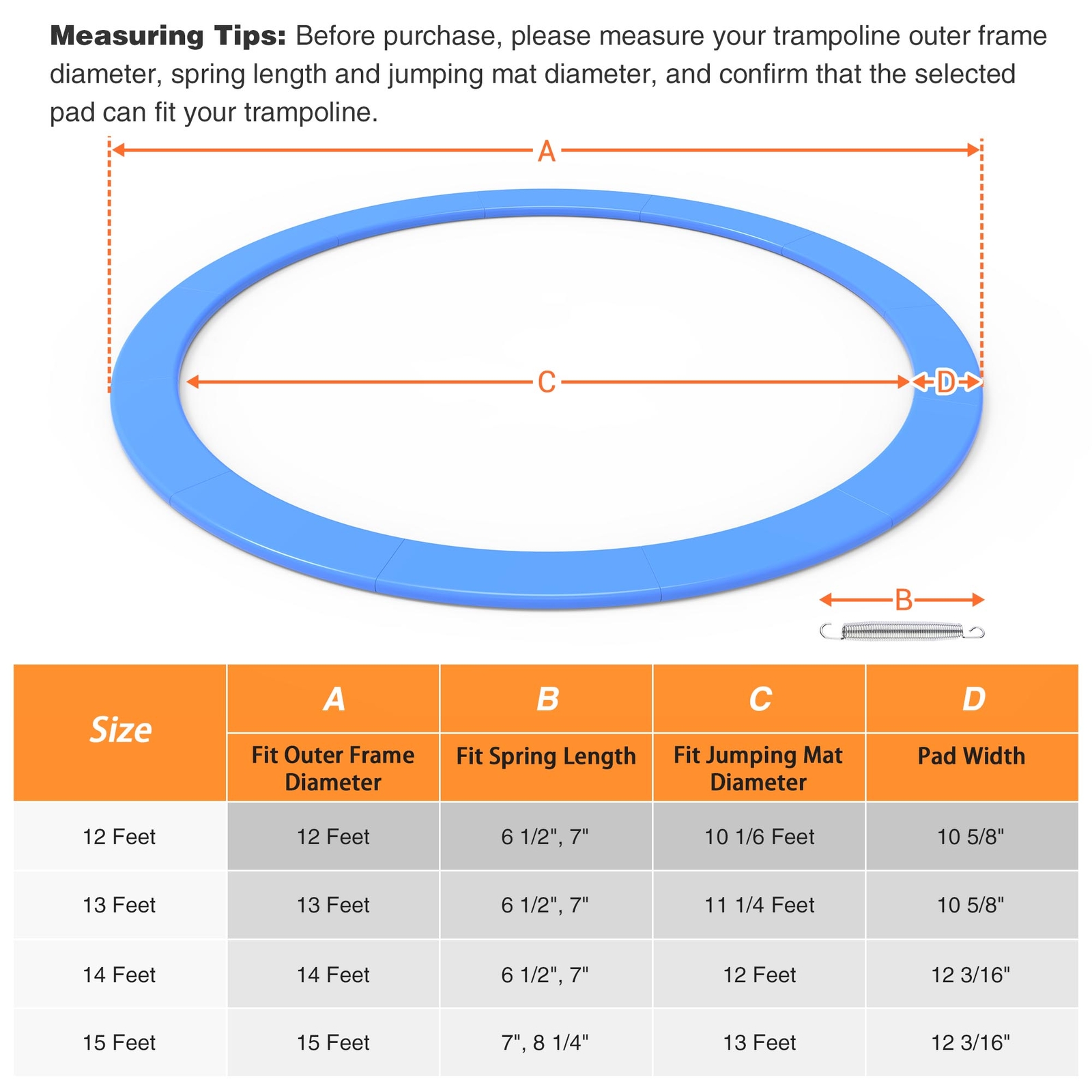 12' 13' 14' 15' Round Trampoline Safety Pad Replacement Frame Spring Blue Cover