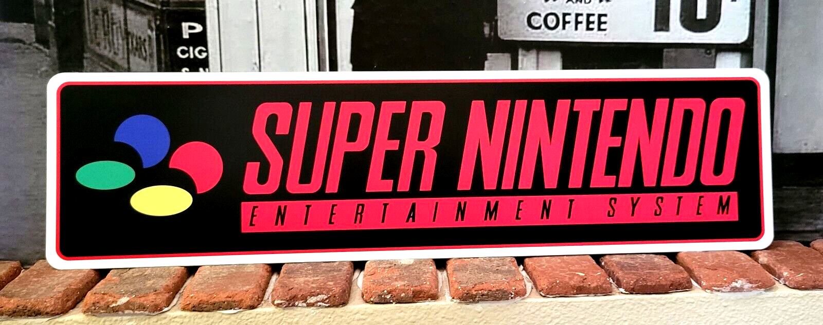 Super Nintendo Logo Aluminum Sign 6" x 23" with free decal.