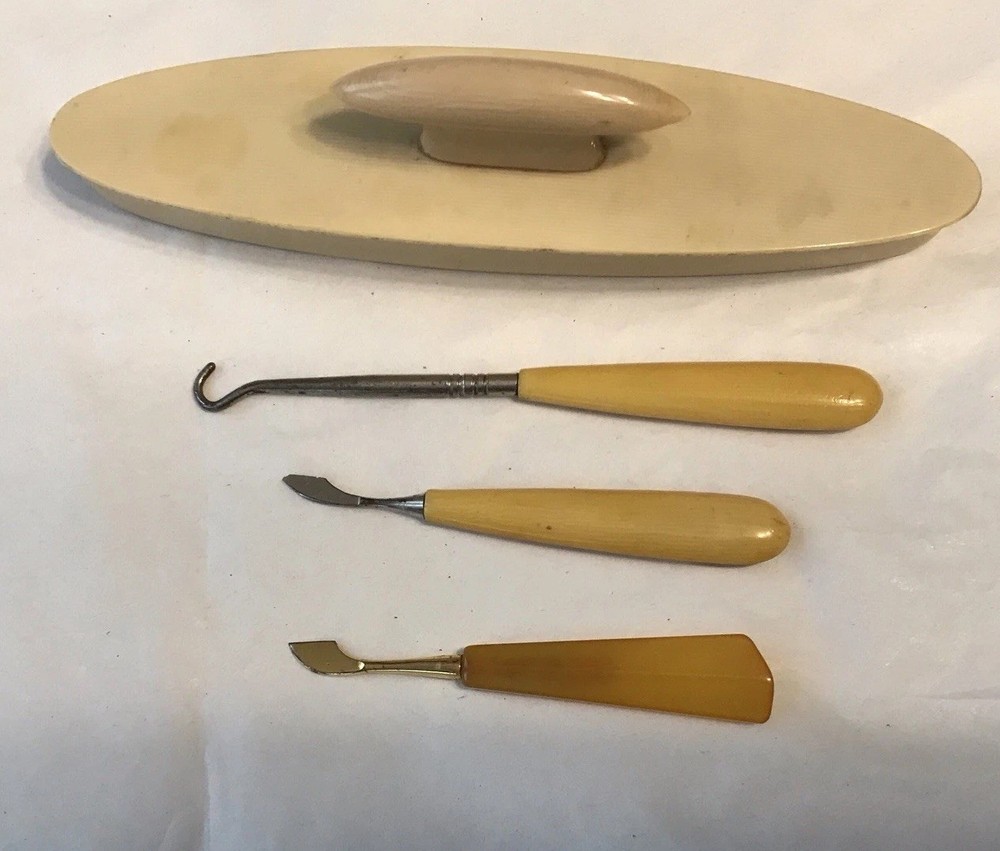 Vintage Bakelite Manicure Tools - Buttonhook - Nail Buffer + 2 Manicure Tools