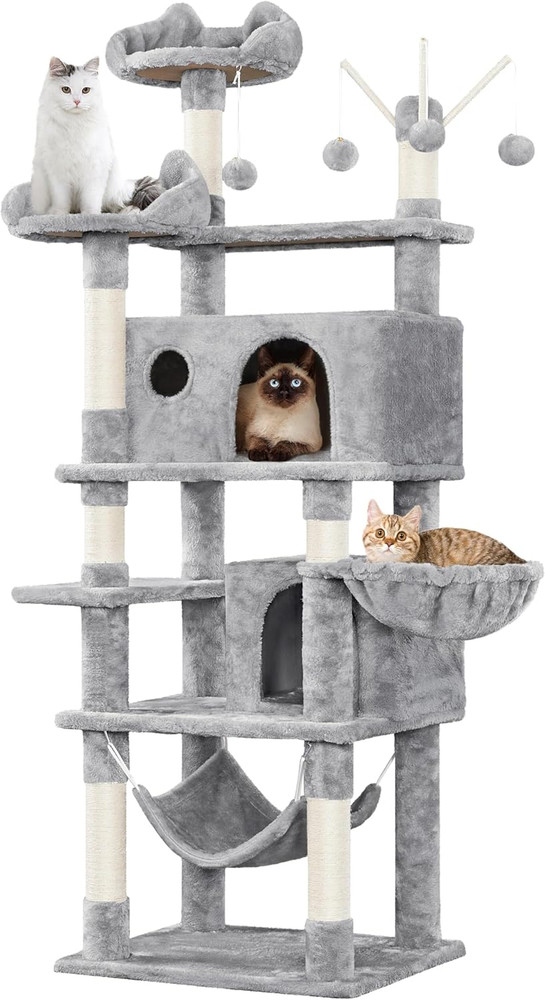 67" Cat Tree Tower with Scratching Post, Condo, Hammock & Teaser Sticks