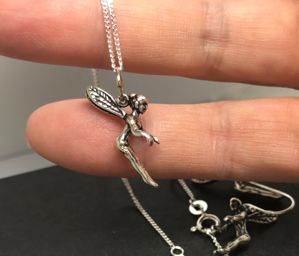 Fairy pendant necklace drop earrings set solid Sterling silver. Gift box