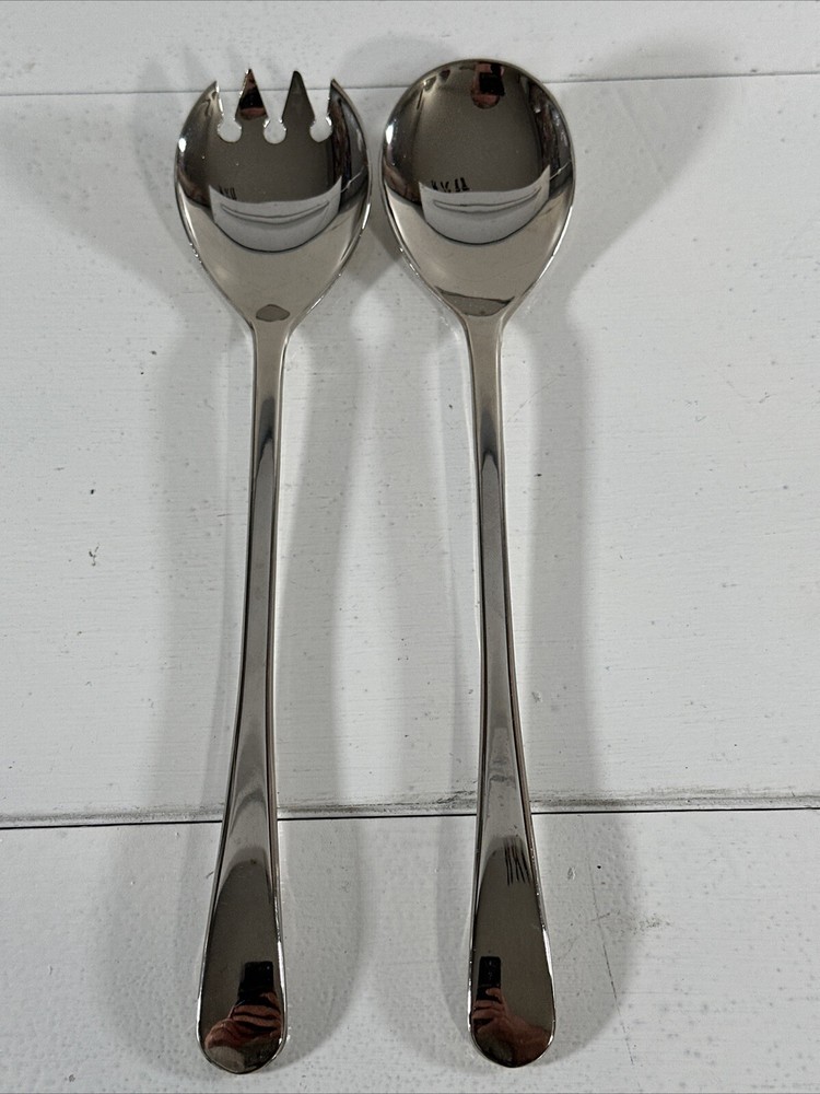 Italy Silver Plate Salad Server Spoon and Fork Utensils 9" Glossy Vintage