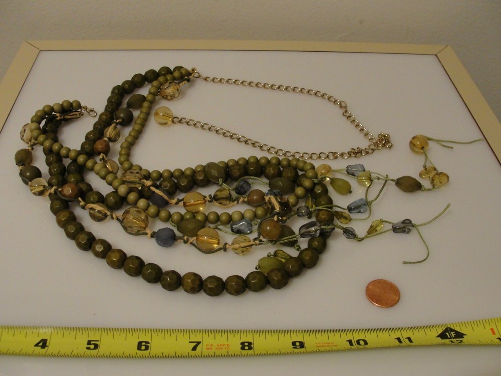statement multistrand green bead necklace with dangles adj. 22"-37"