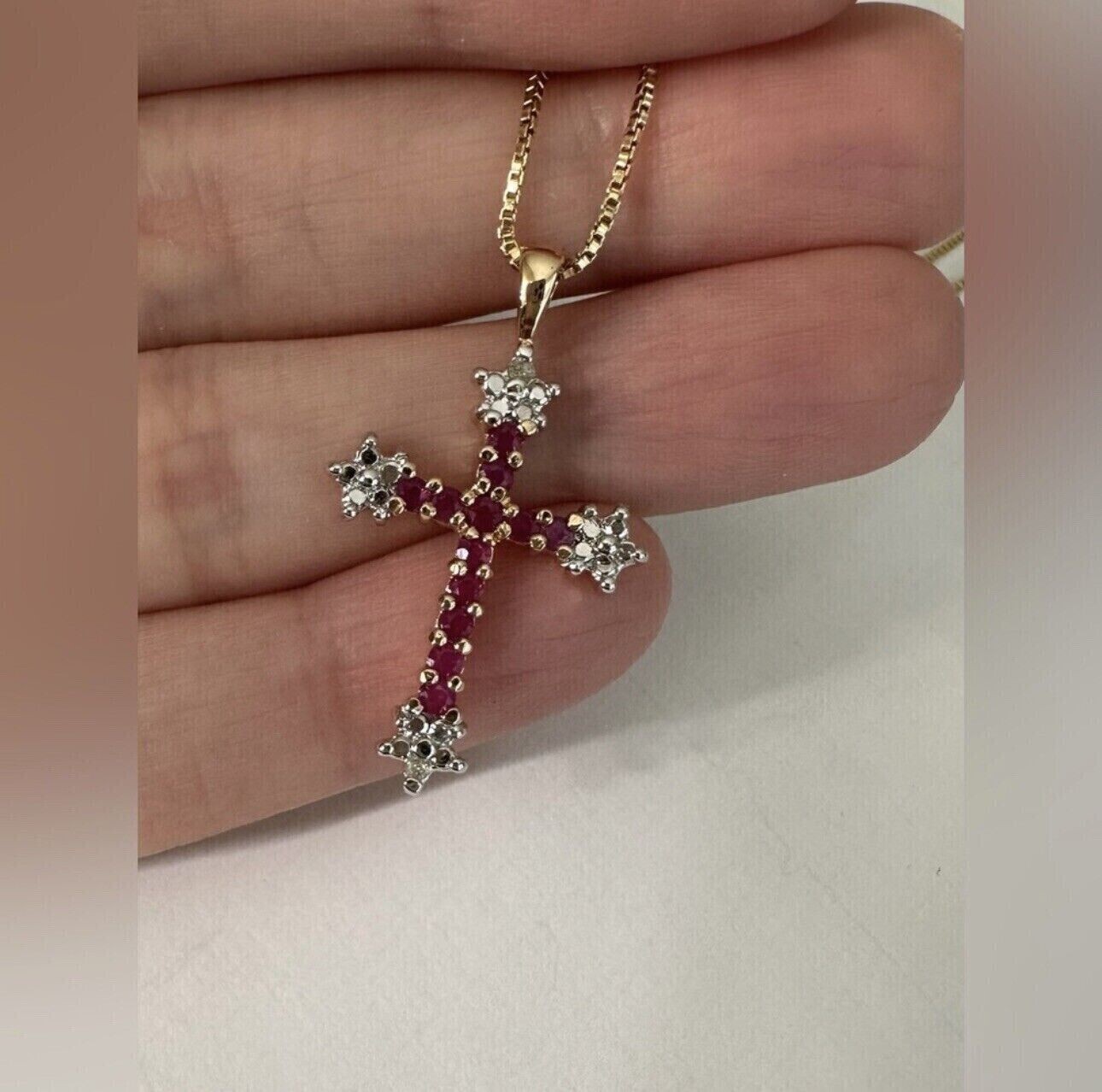 2Ct Round Cut Simulated Red Ruby Religious Cross Pendant 14K Yellow Gold Plated