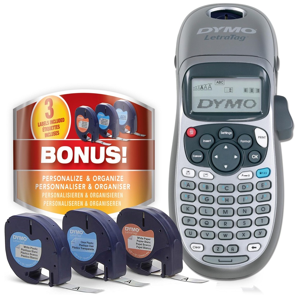 DYMO Label Maker Machine with Tape - 100H machine + 3 Tapes, Silver, Grey