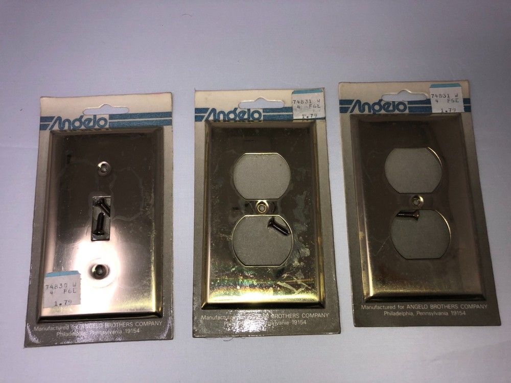 NOS Angelo Bros Brass 2 2 Plug Outlet & Light Switch Covers NIP